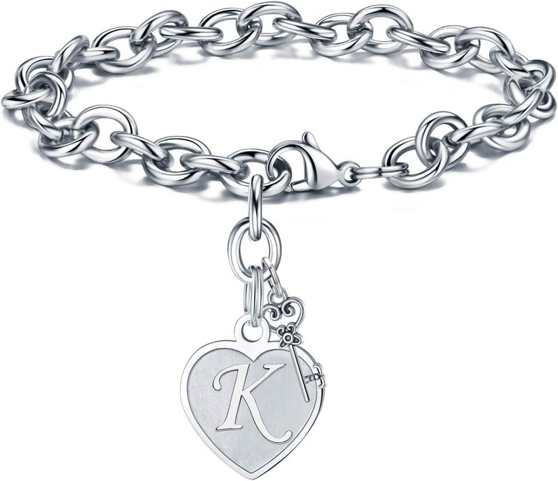 M MOOHAM Heart Initial Bracelets for Women Gifts - Engraved 26 Letters Initial Charms Bracelet Stainless Steel Bracelet Birthday Christmas Jewelry Gift for Women Teen Girls - Image 1